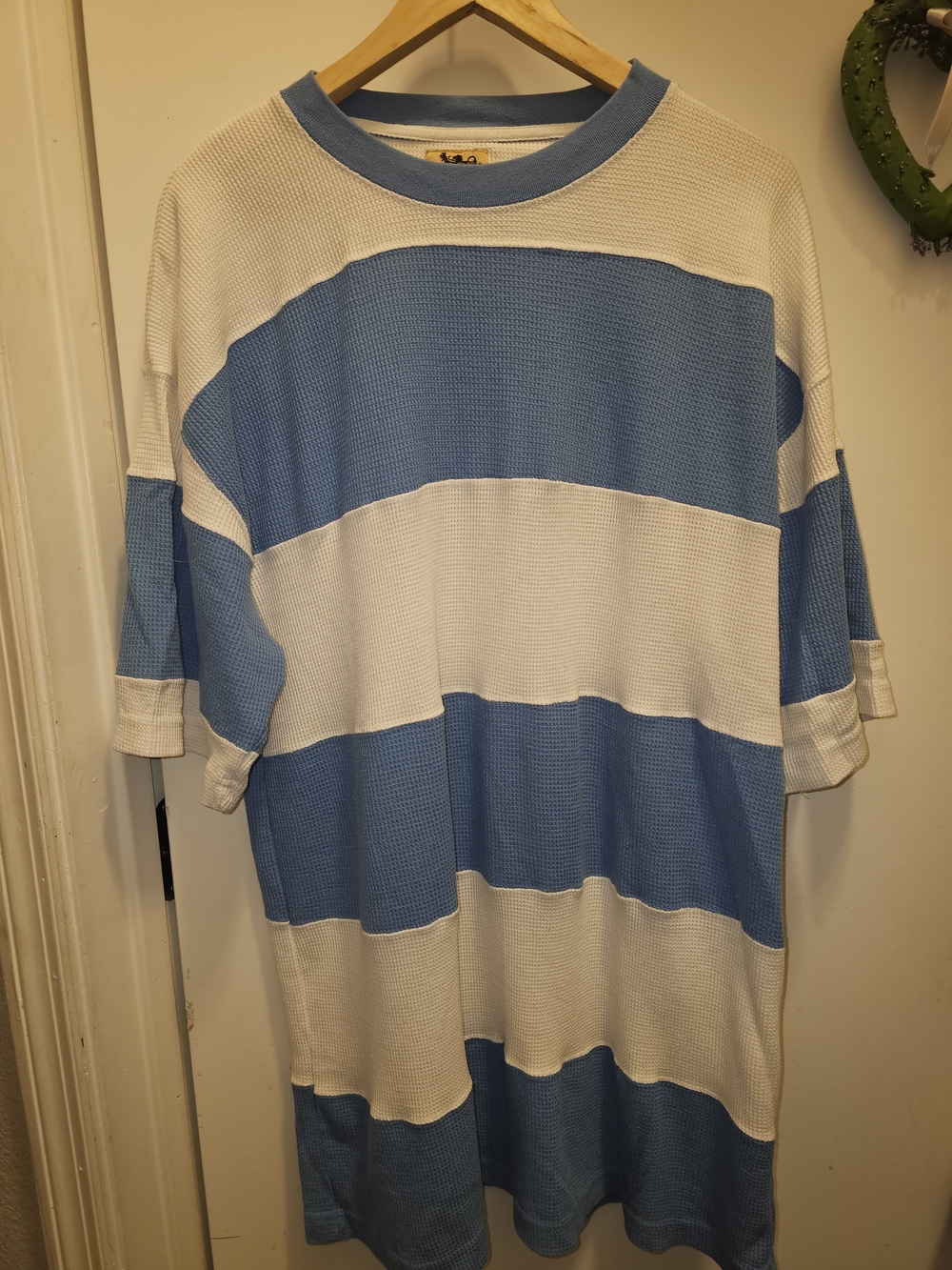 Vtg Y2K 212 NYC Short Sleeve Waffle Knit Thermal Shirt XL Blue/White Striped
